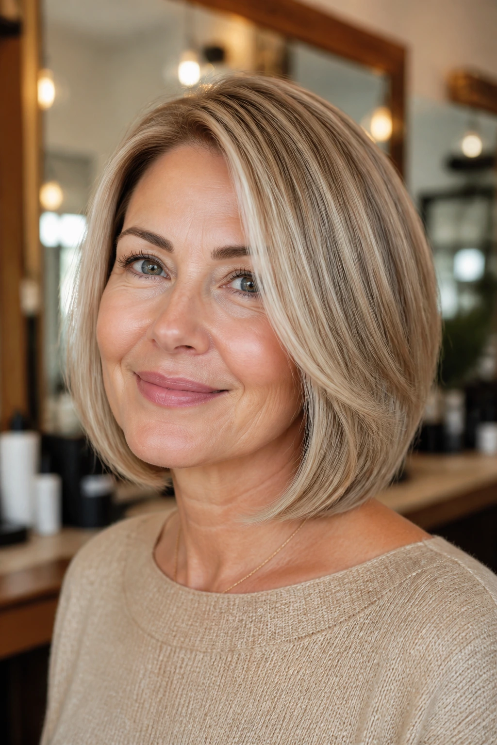 Close-up of a real woman with a toasted almond blonde bob featuring invisible layers.