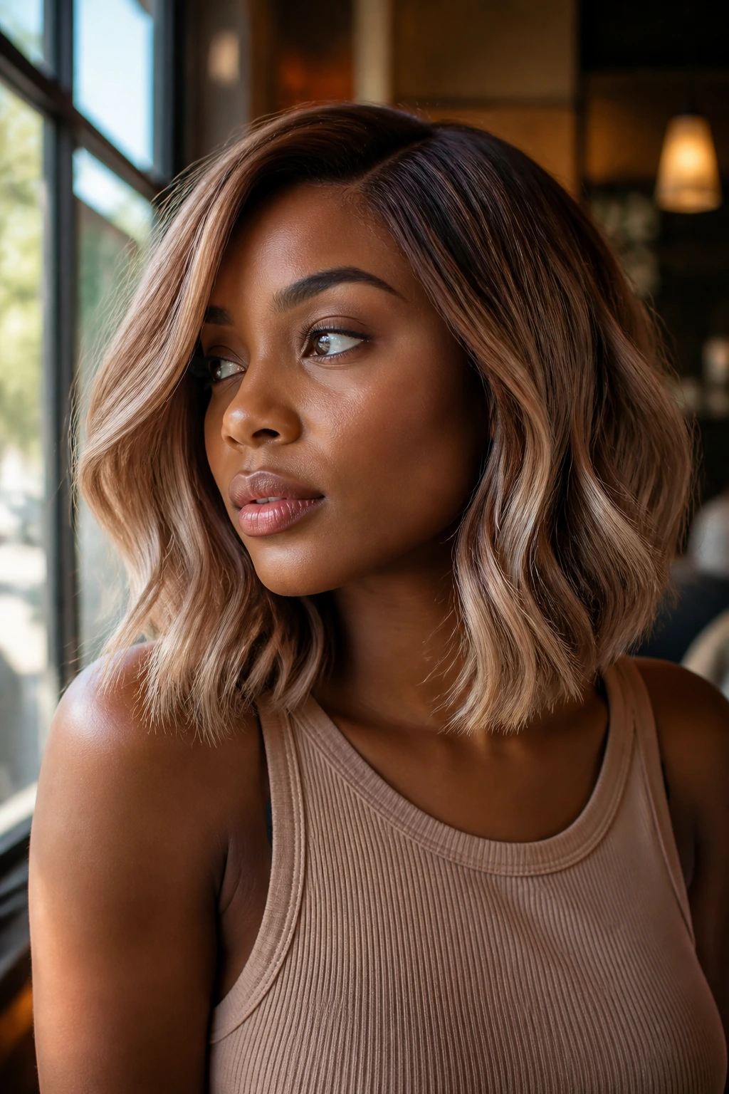 Close-up of a real woman with toasted almond blonde lob in warm cafe light