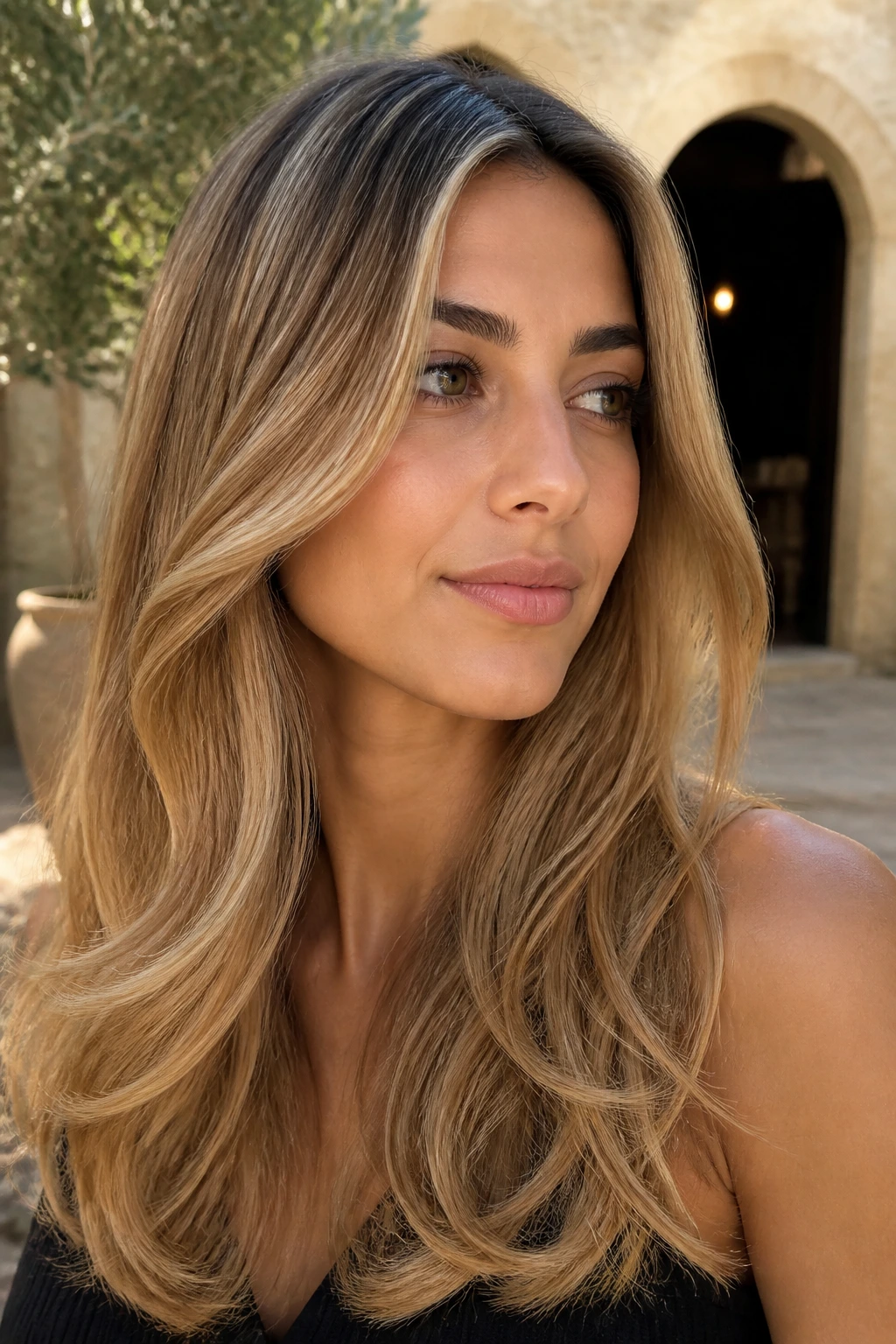 Close-up of a real woman with Toasted Almond Blonde showing depth and warmth.