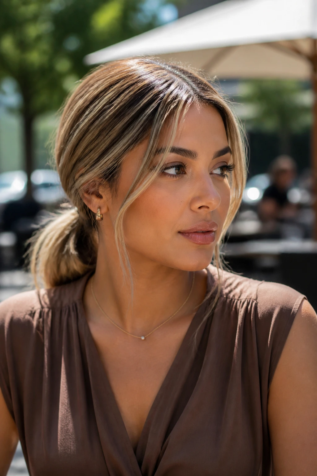 Three-quarter portrait of a real woman with toasted almond blonde low ponytail