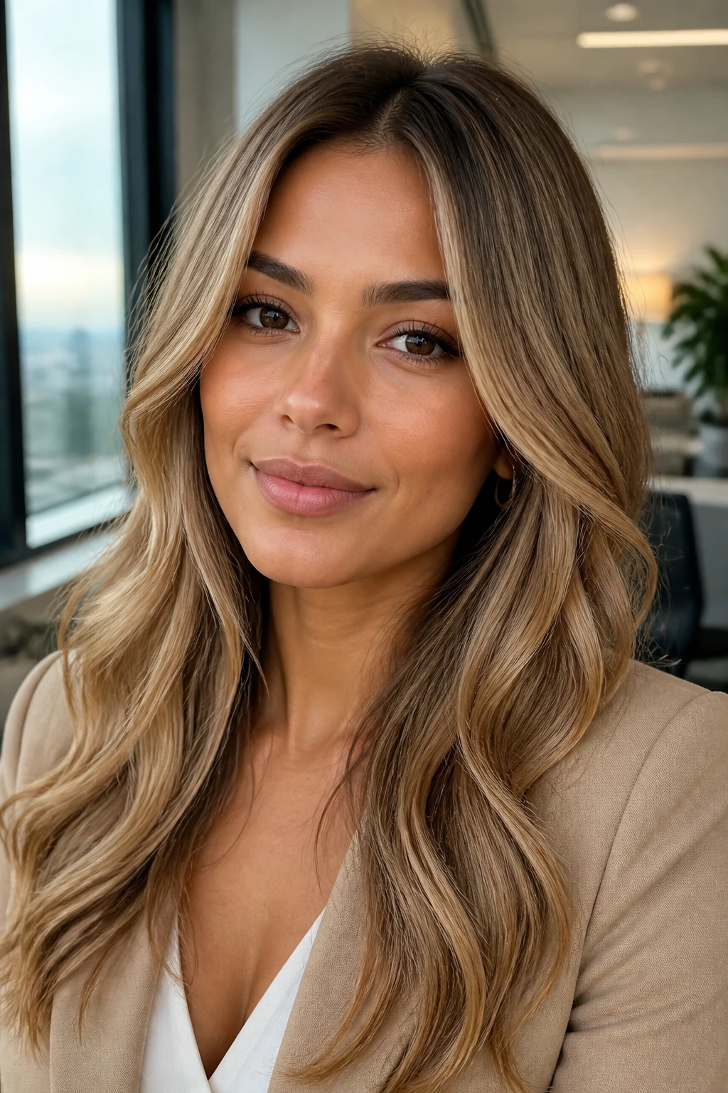 Portrait of a real woman with toasted almond blonde hair.
