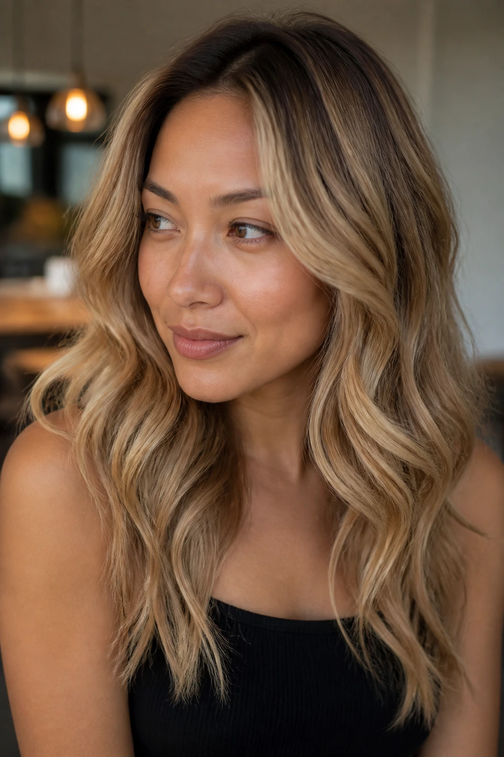 Close-up portrait of a real person with toasted almond blonde and warm waves