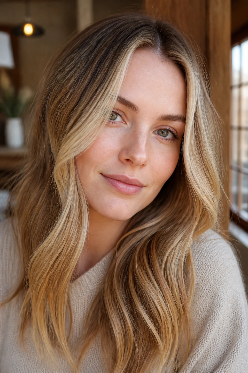 Close-up portrait of a real woman with toasted almond blonde and face-framing pieces