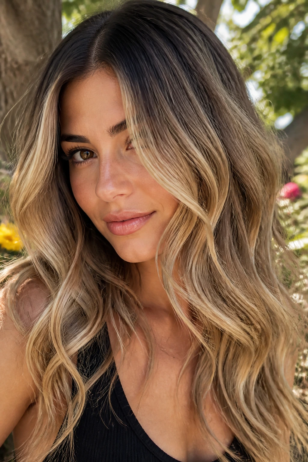 Close-up of a real woman with toasted almond blonde waves
