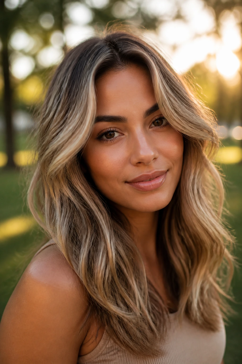 Close-up of a real woman with toasted almond blonde waves in warm dimensional color.
