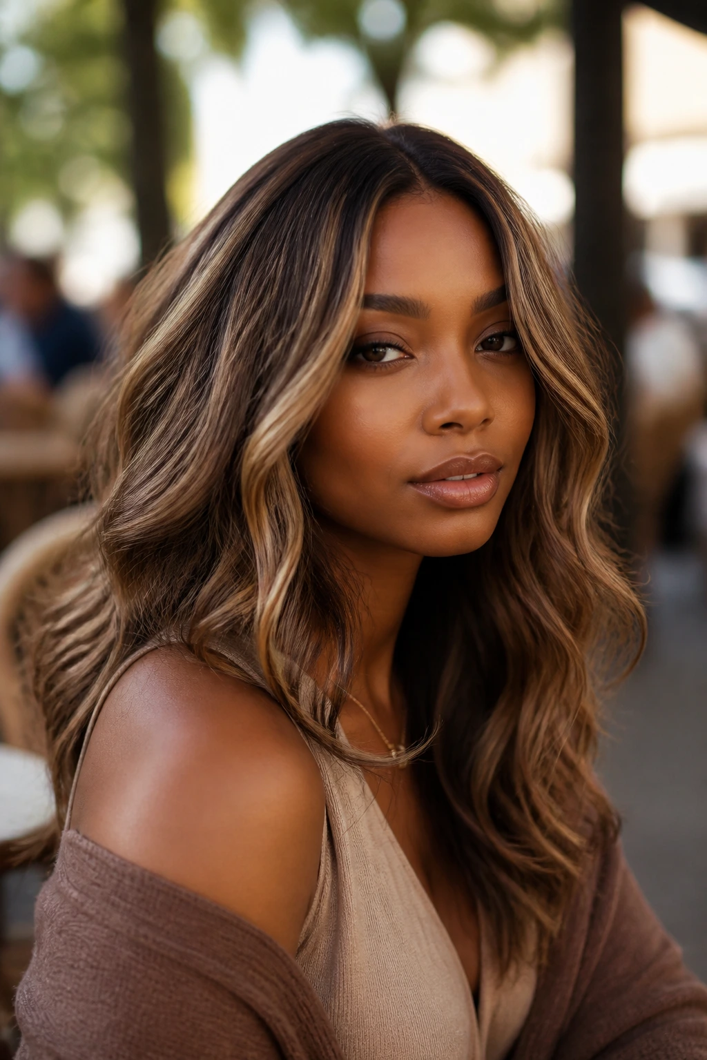Close-up of toasted almond bronde on deep skin tones with almond blonde highlights.