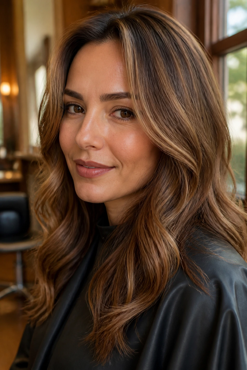 Close-up of real person with toasted almond brown hair and soft highlights