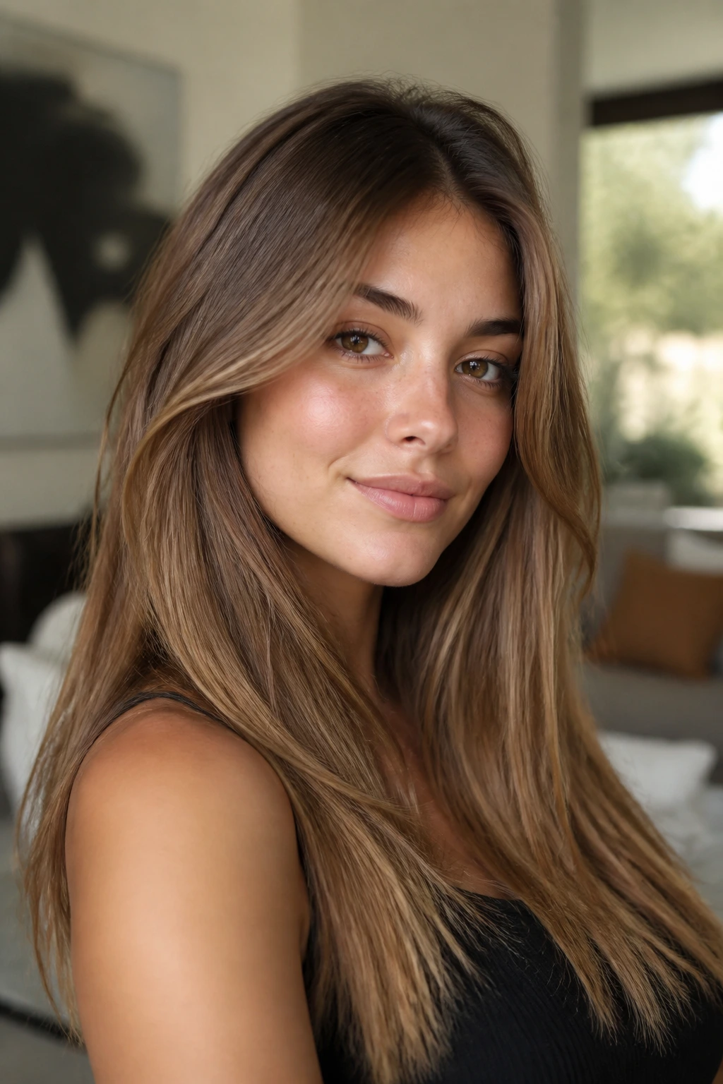 Real woman with toasted almond brown hair in a close-up portrait