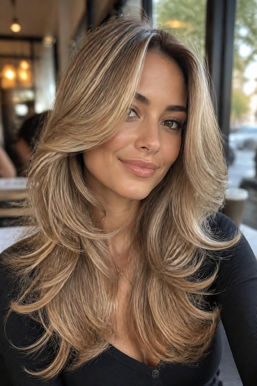 Close-up portrait of a real woman with toasted almond butterfly cut and face-framing layers in warm blonde