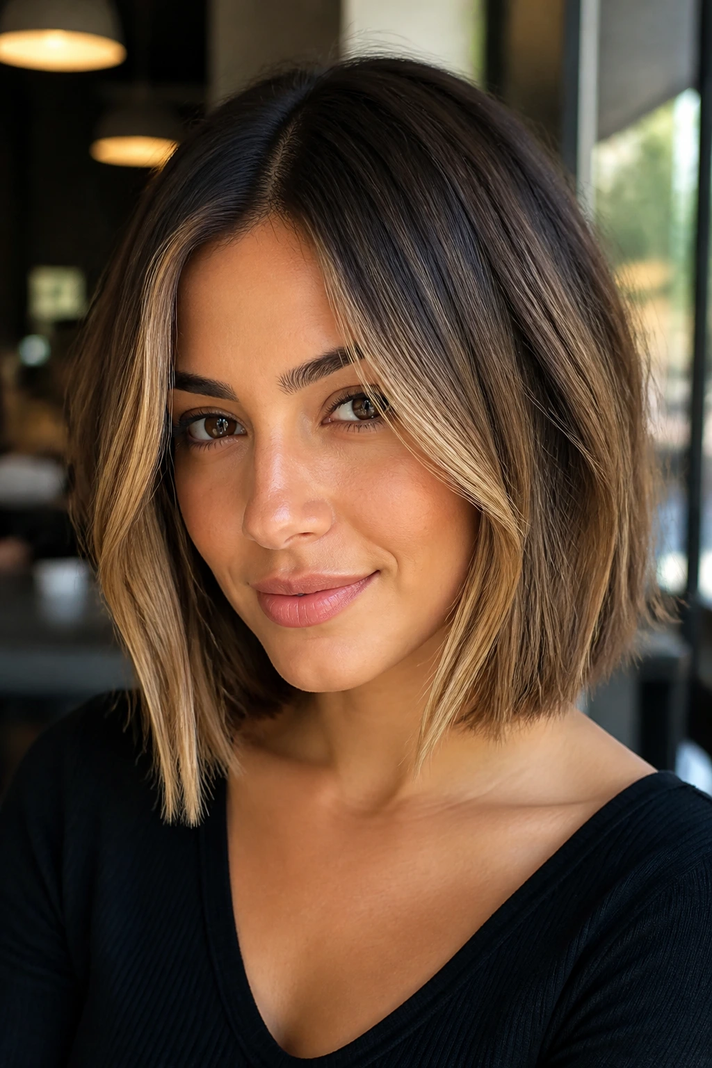 Woman with toasted almond contouring around a lob frames the face.