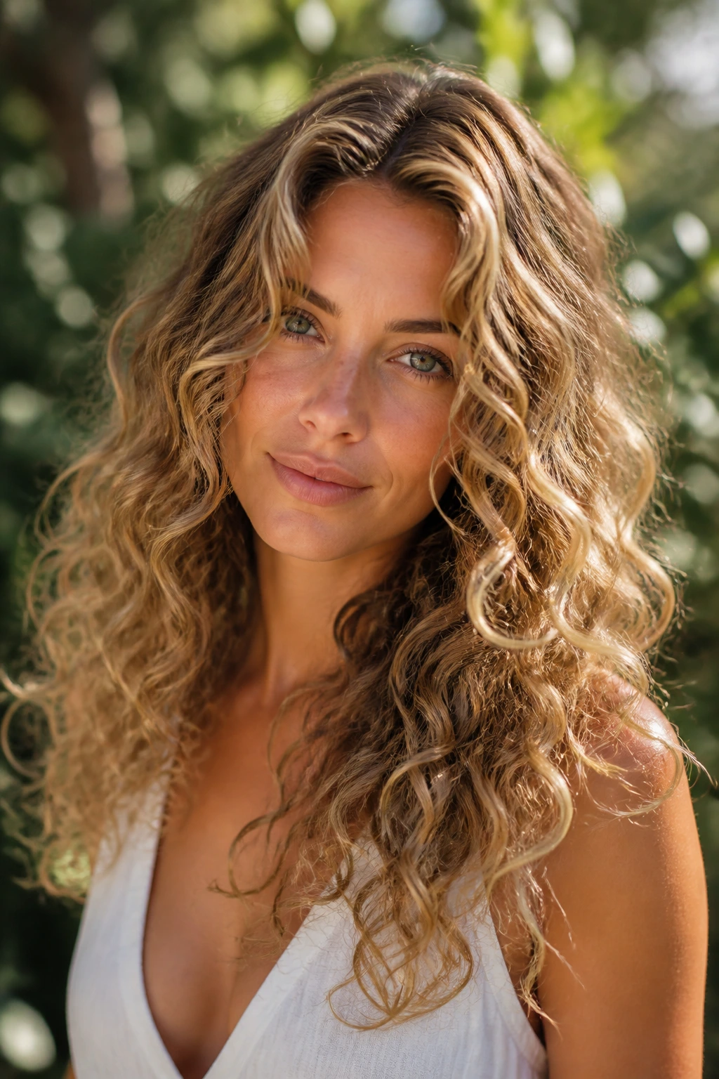 Close-up of a real person with toasted almond babylights on long layered curls.