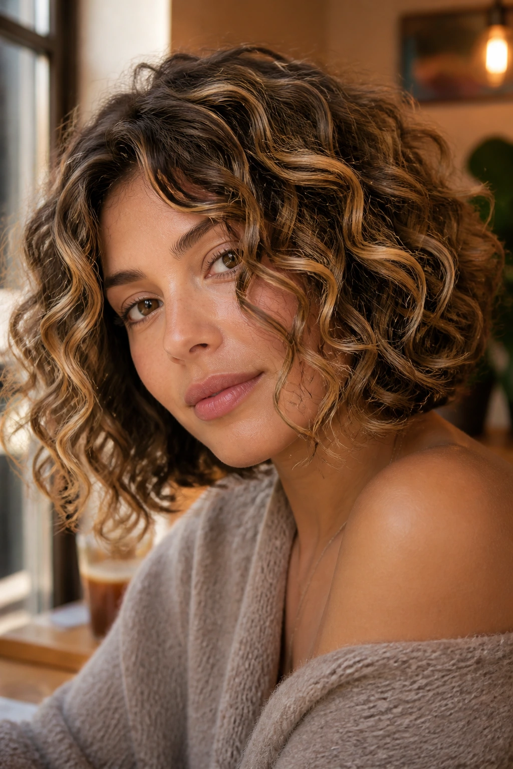 Close-up of curly bob with toasted almond highlights in warm light
