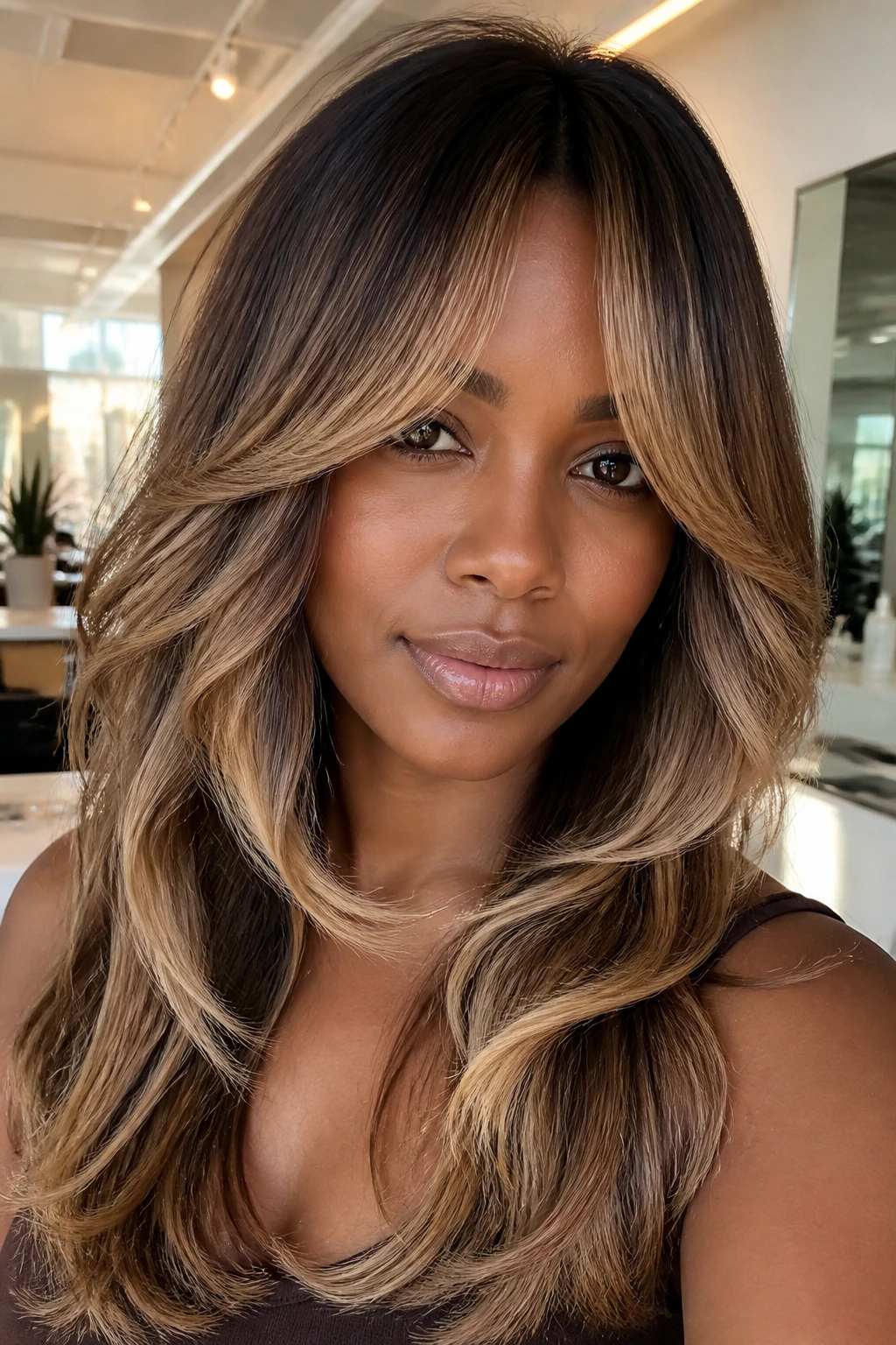 Curtain bangs with toasted almond balayage on deep skin