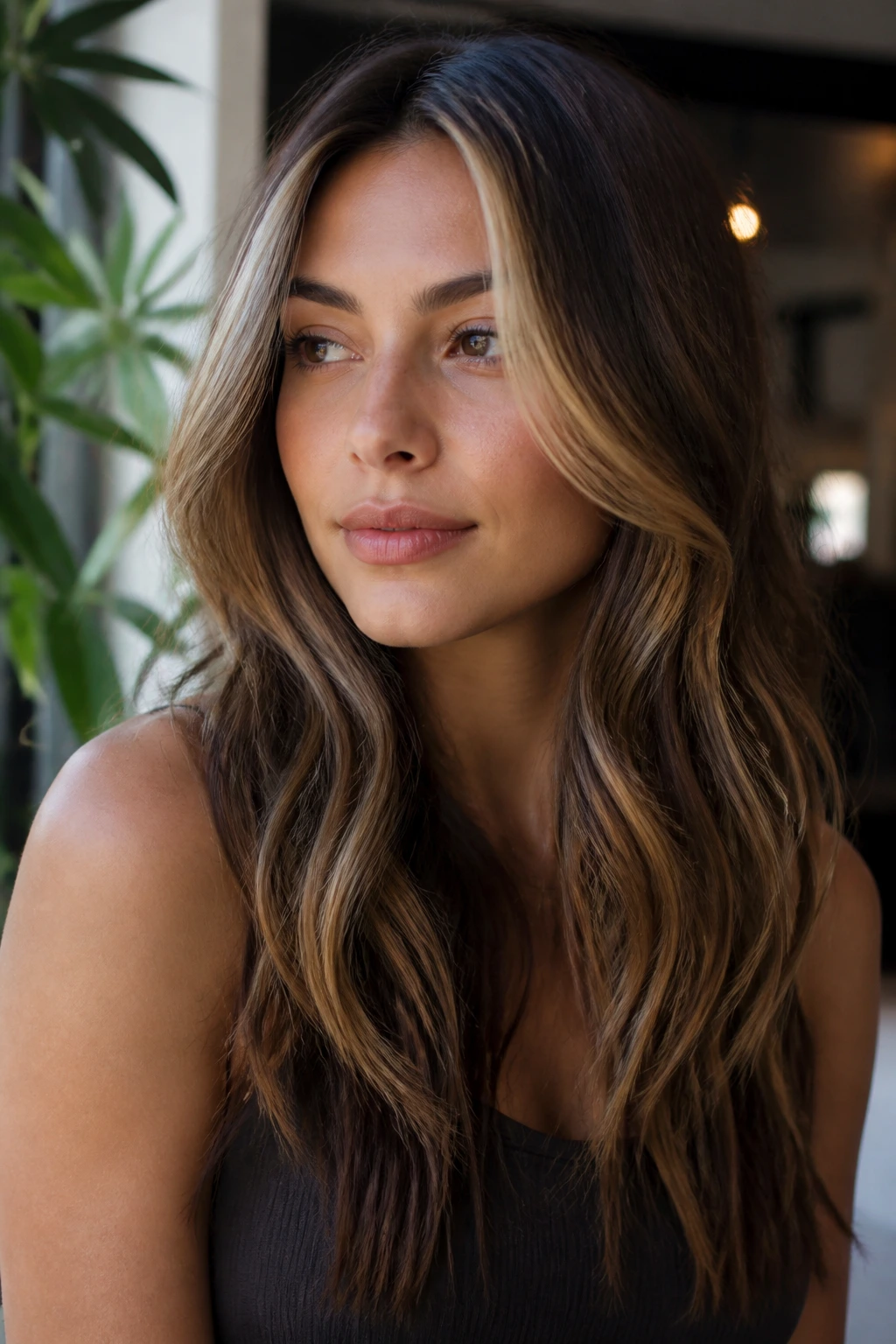 Close-up of a real woman with toasted almond face-framing ribbons