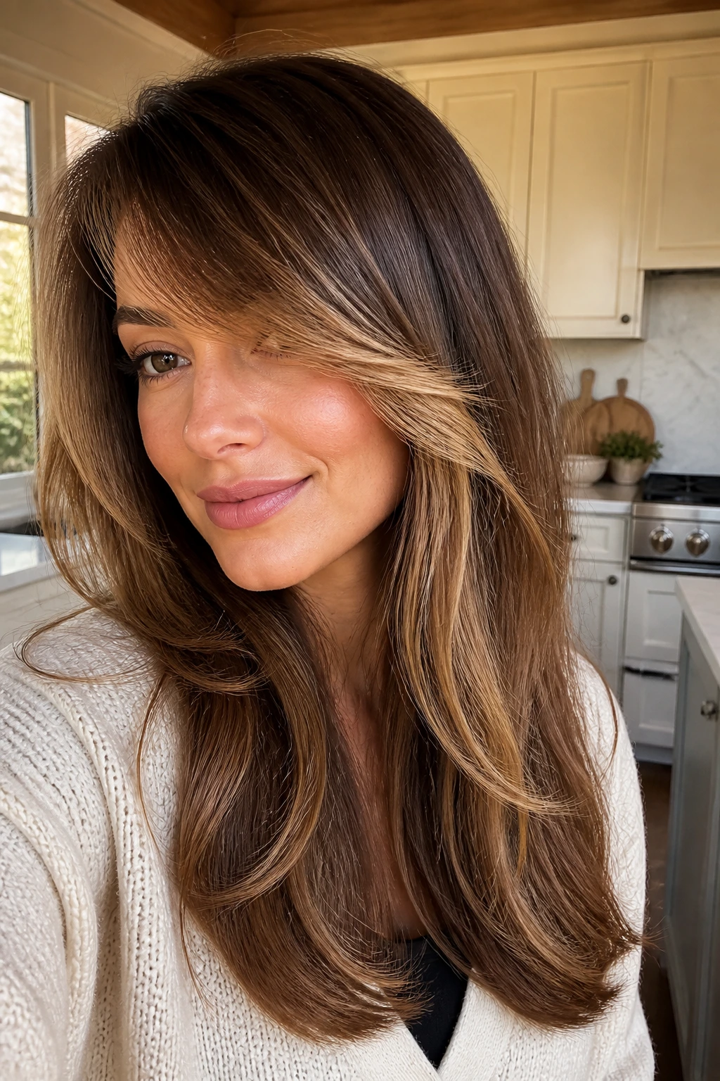 Portrait of brunette with Toasted Almond face frame and side-swept bangs
