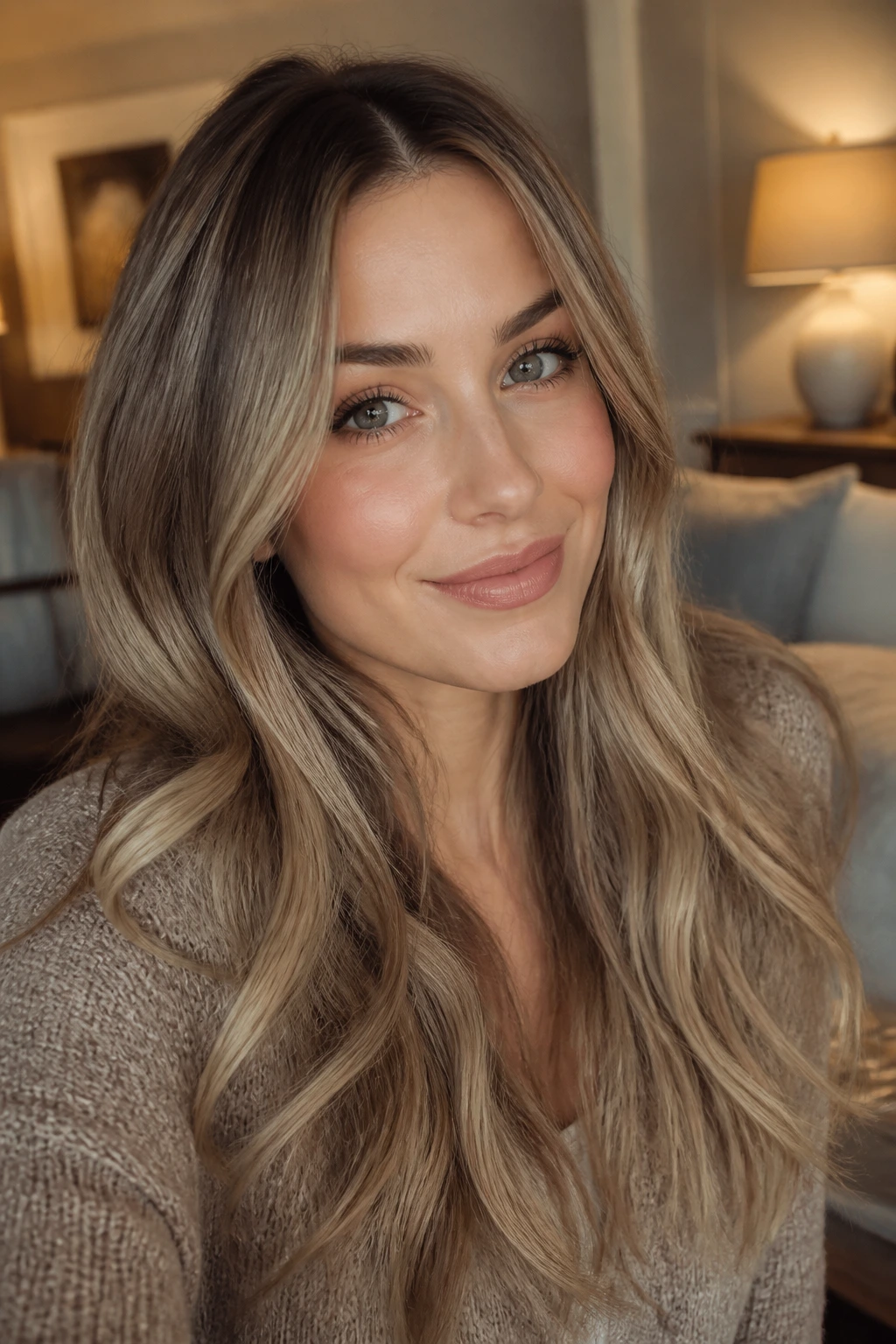Close-up portrait of a real woman with toasted almond beige brunette hair and soft glow