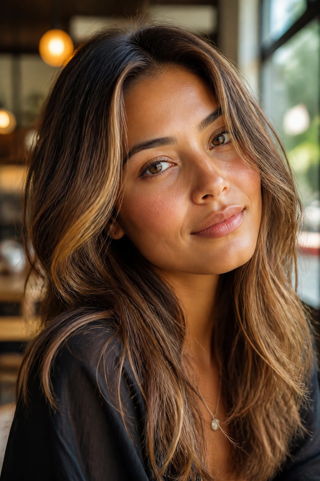 Close-up of toasted almond highlights on medium-length hair with tan skin.