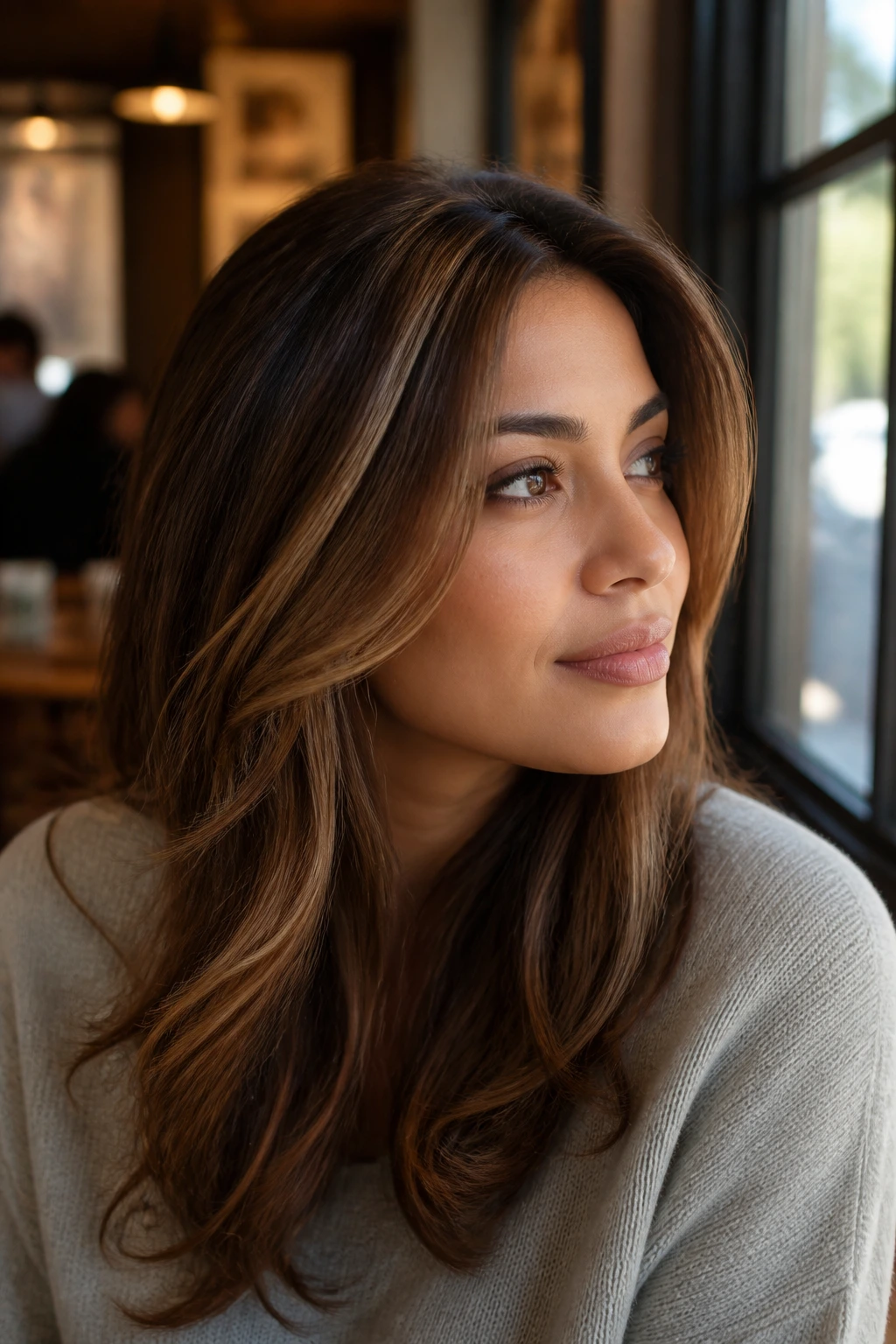 Close-up portrait of a real woman showcasing toasted almond highlights around crown and temples.
