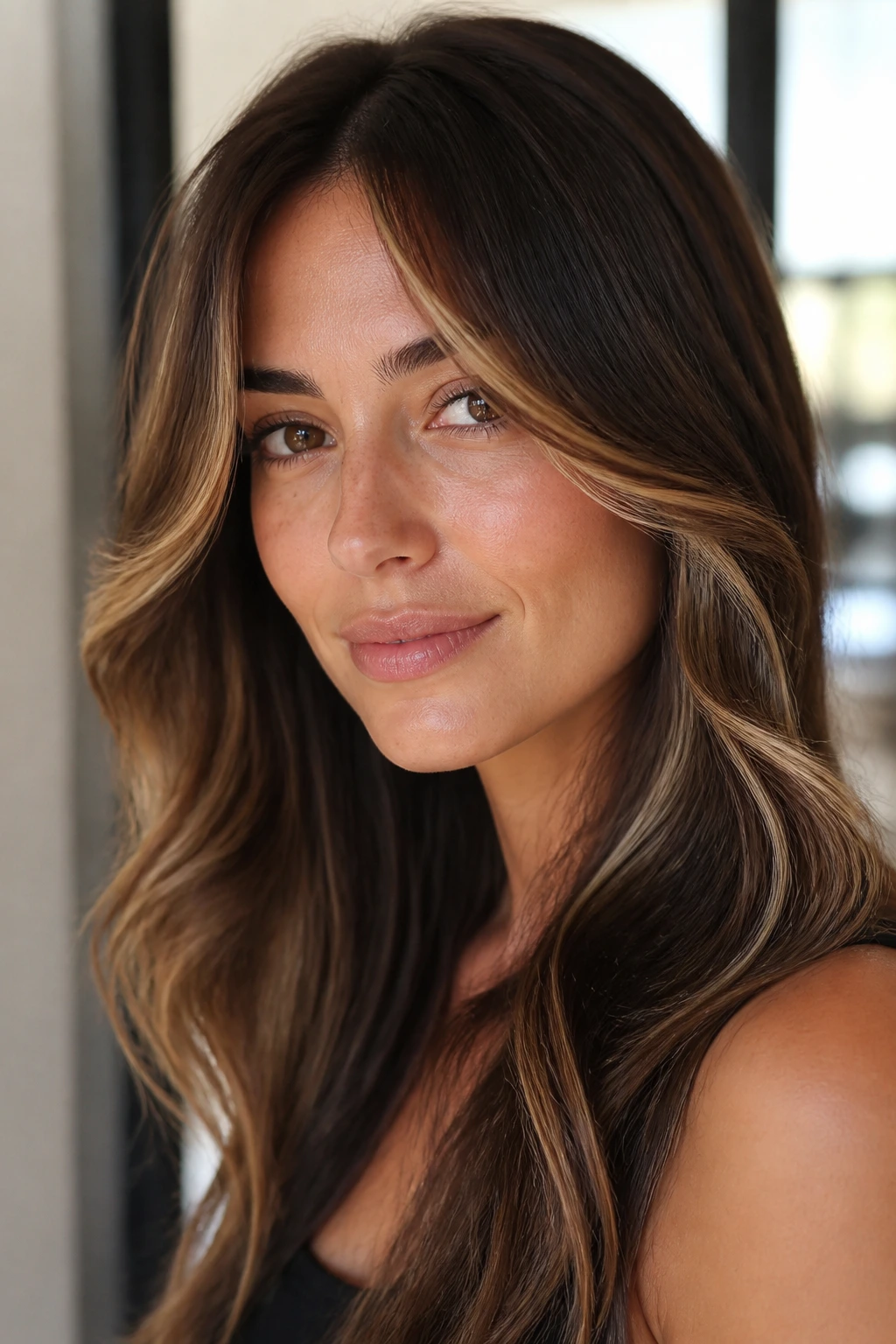 Portrait of a real woman with almond highlights around temples and bangs on dark hair.