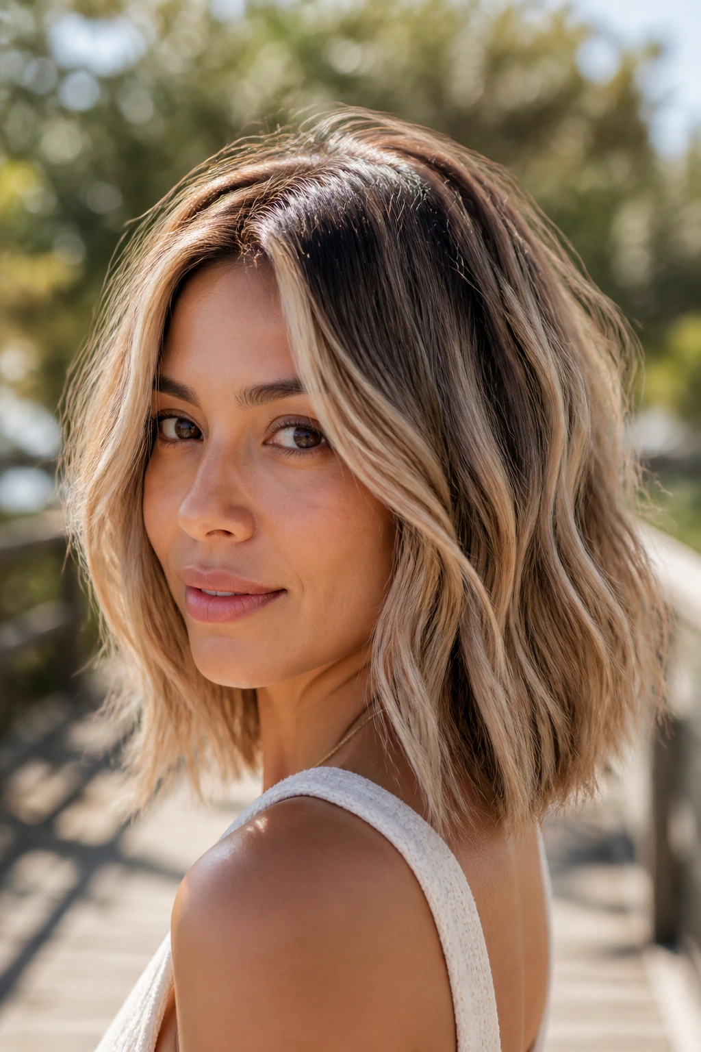 Close-up portrait of a real person with Toasted Almond Wavy Lob, warm almond blonde with face-framing pieces in sunlight