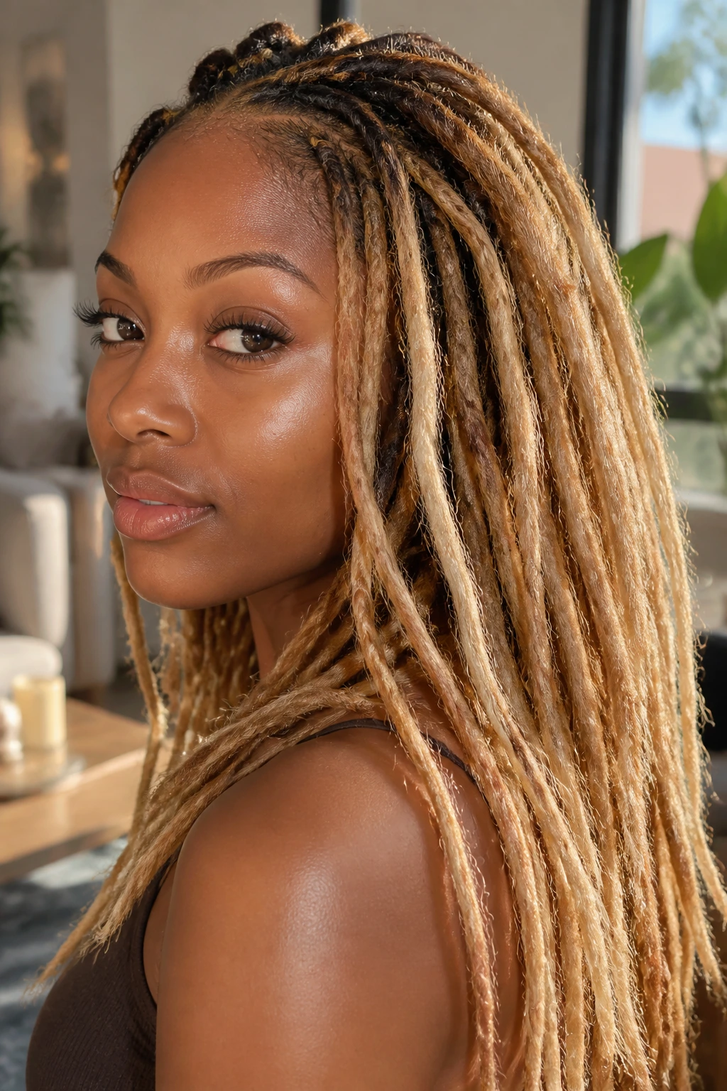 Close-up portrait of a real person with toasted almond blonde locs on deep skin.