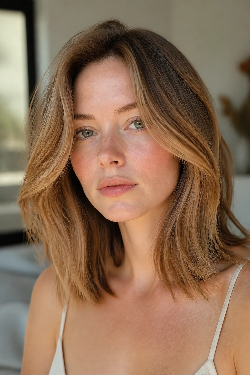 Portrait of a real person with toasted almond mid-length lift hair