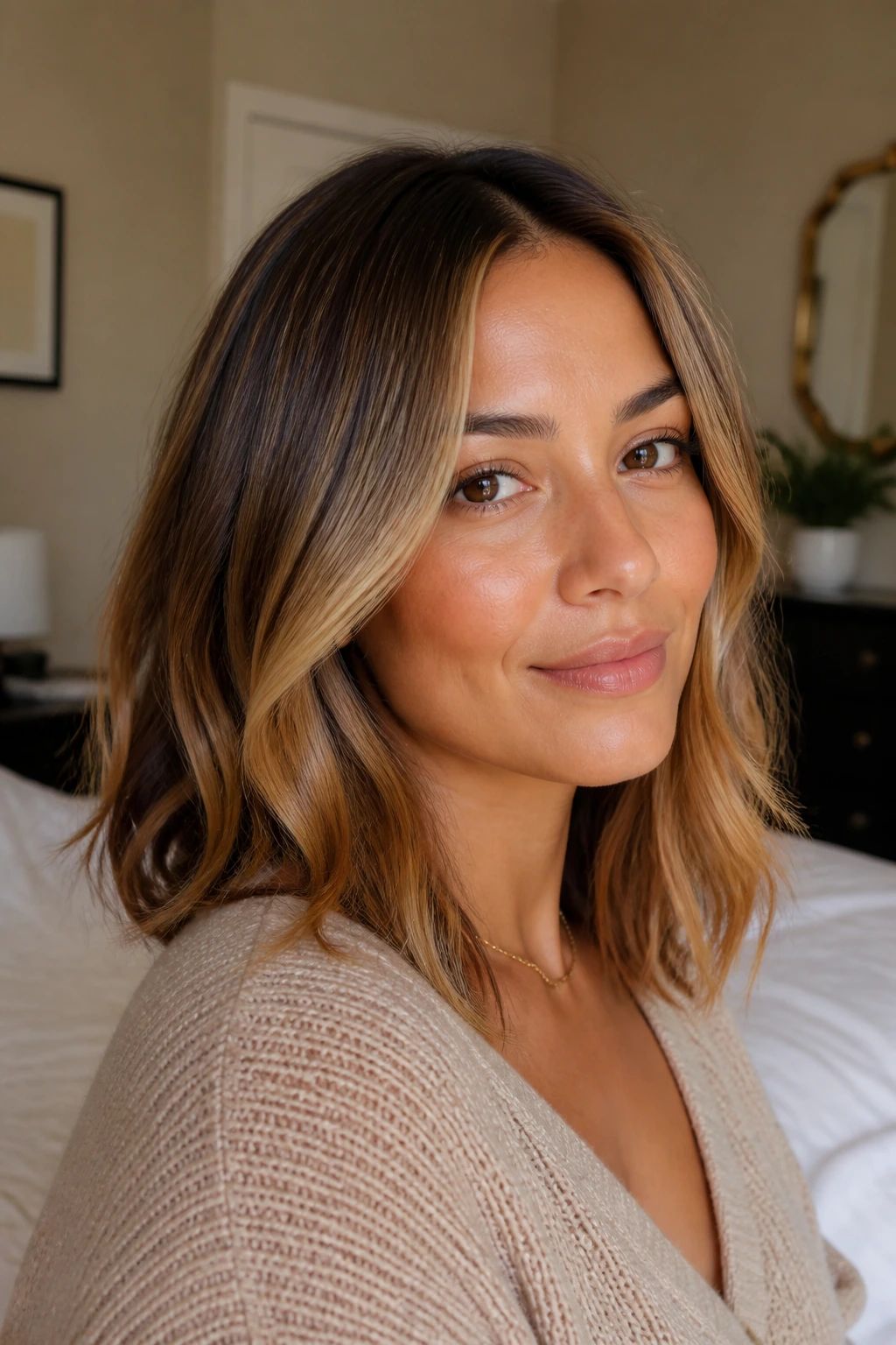 Close-up of a real woman with toasted almond midlength highlights and warm honey-beige tones
