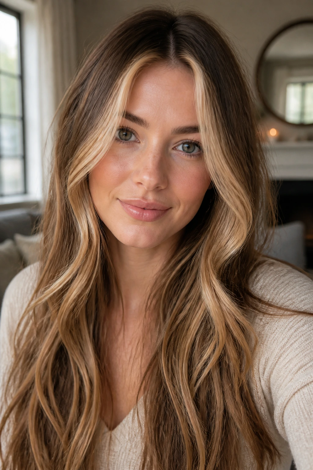 Close-up portrait of a real woman with long hair and toasted almond money pieces framing her face