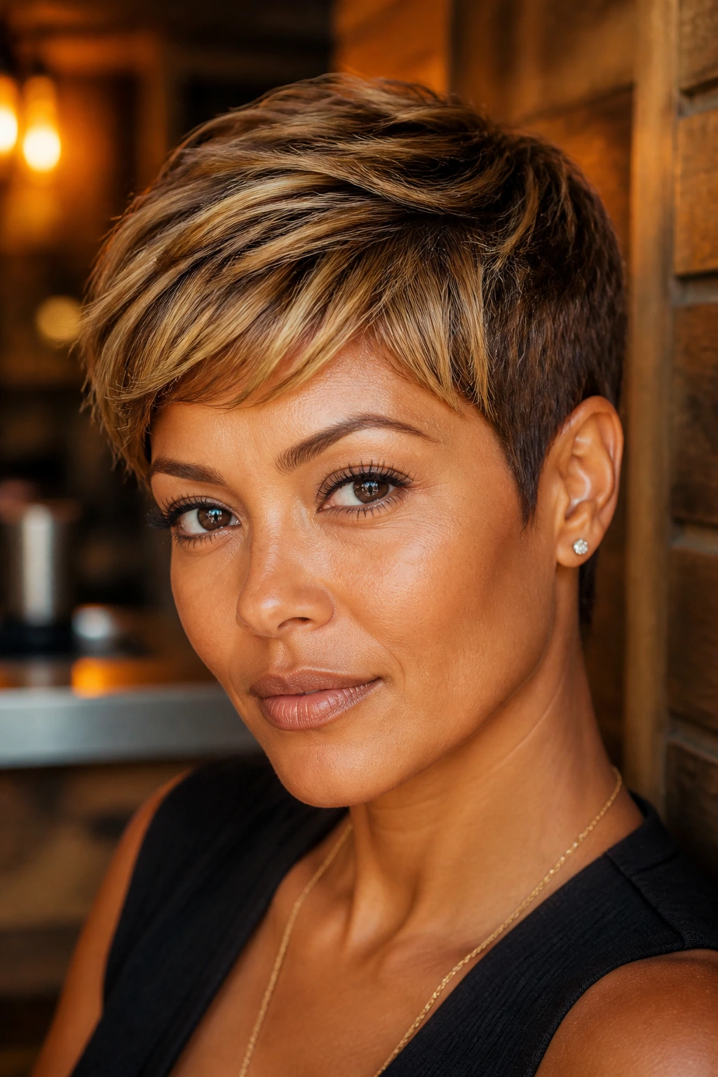 Close-up portrait of a real person with a toasted almond pixie and caramel highlights.