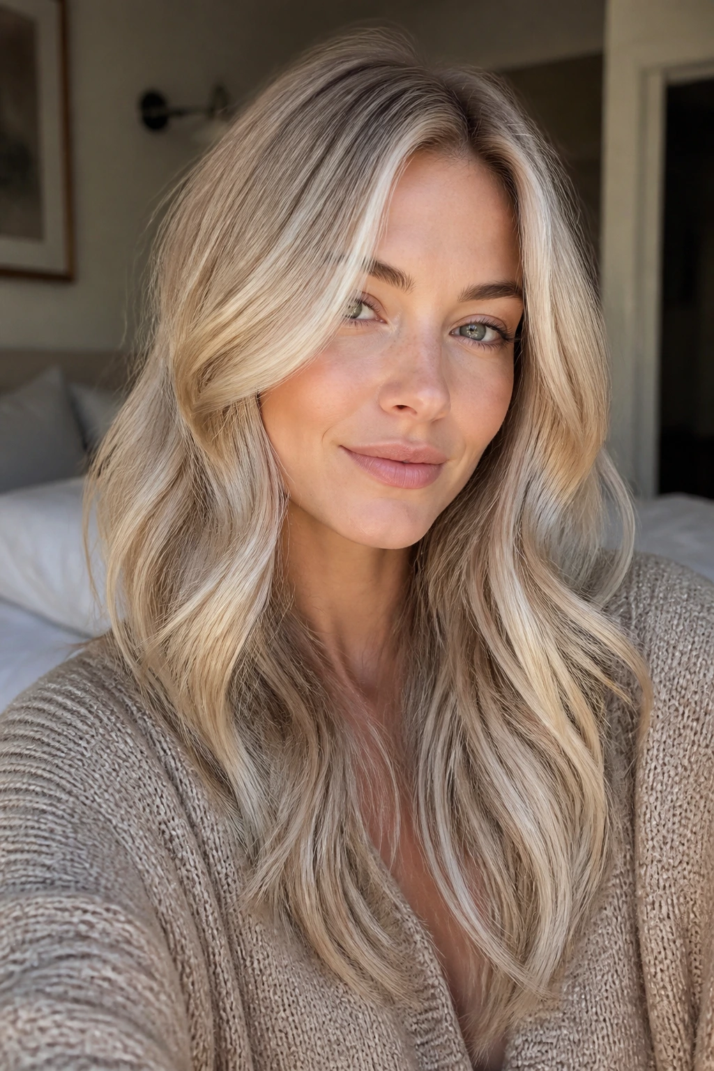 Medium close-up of a woman with toasted almond platinum hair in a soft bend.