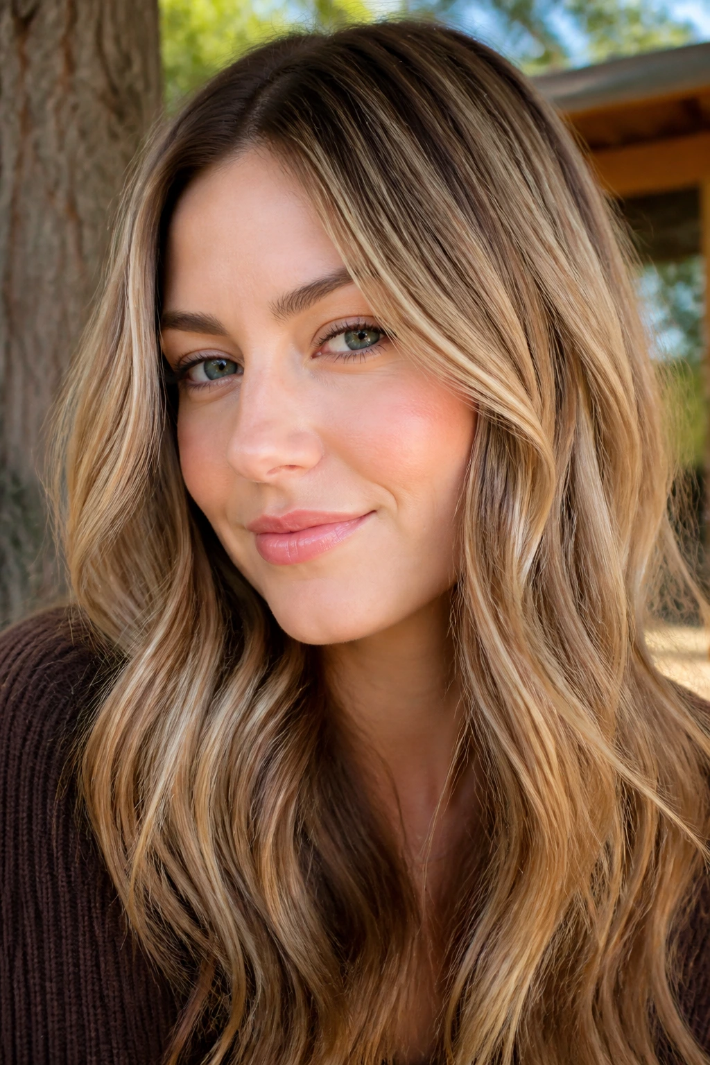 Close-up of a real person with toasted almond ribbons through hair