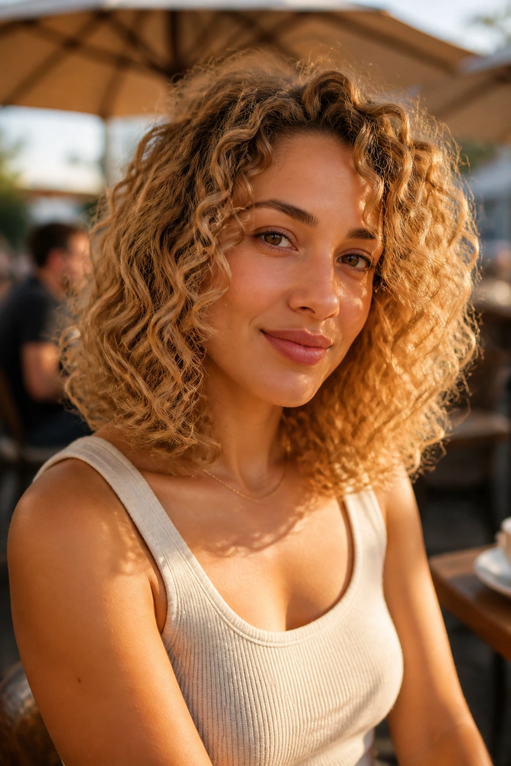 Close up portrait of real woman with toasted almond blonde lob and rounded ends
