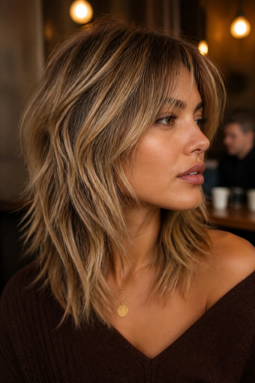 Close-up portrait of a real woman with toasted almond shag on olive skin