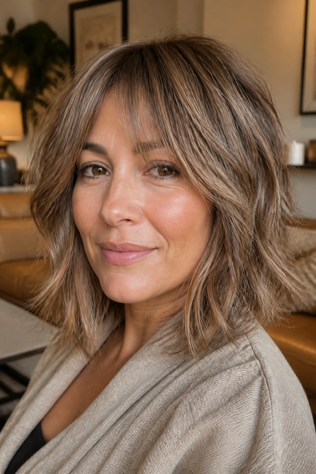 Close-up of real woman with toasted almond soft shag in a warm living room