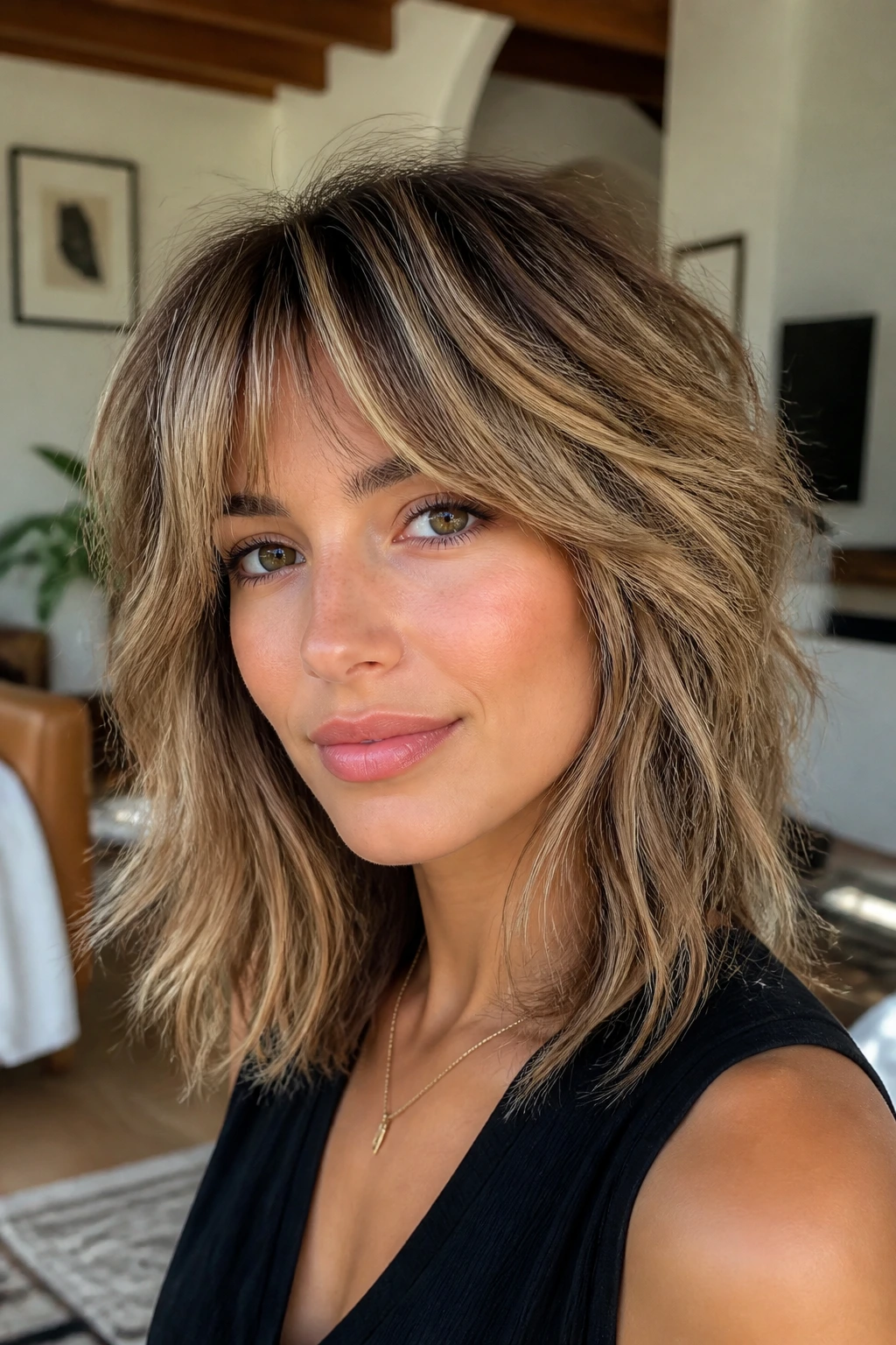Close-up portrait of a real woman with toasted almond shag hairstyle in warm tones.