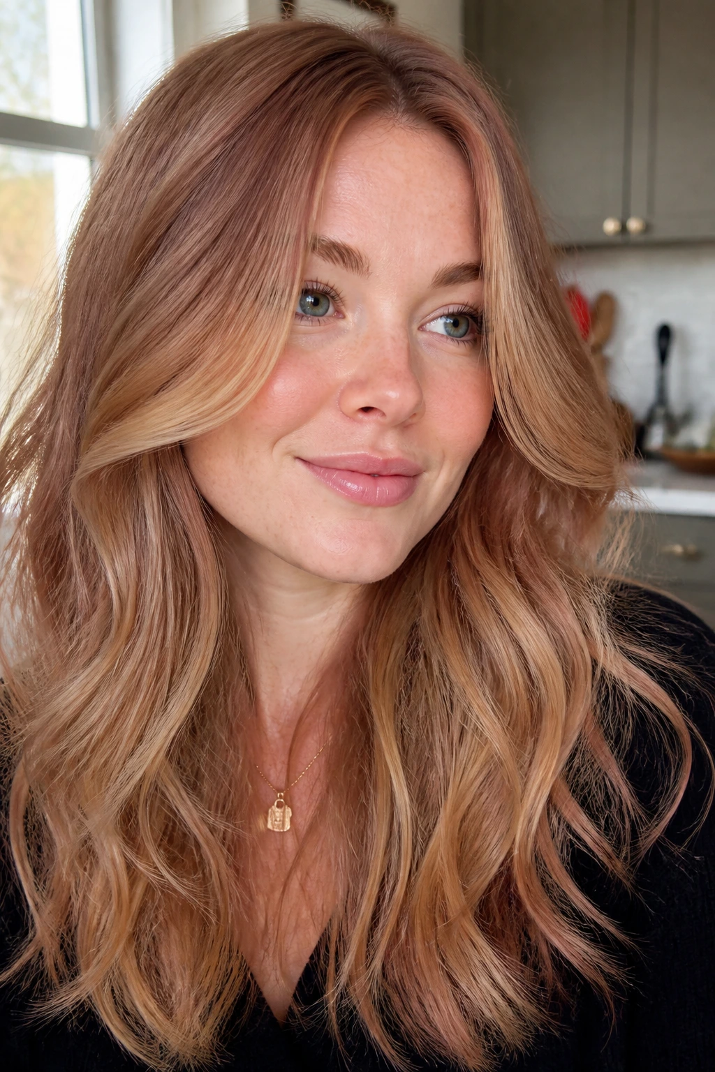 Close-up of a real woman with toasted almond strawberry hair in warm kitchen lighting.