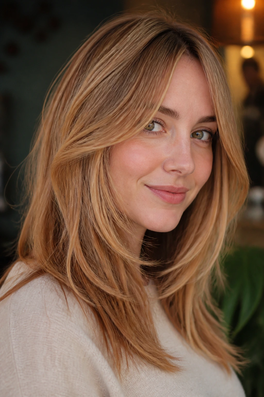 Close-up of real person with toasted almond strawberry layers hair