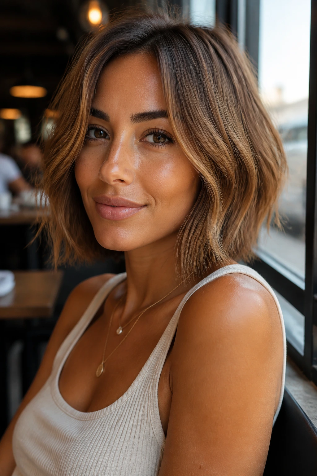 Portrait of a real person with a toasted almond textured bob and warm brunette tones