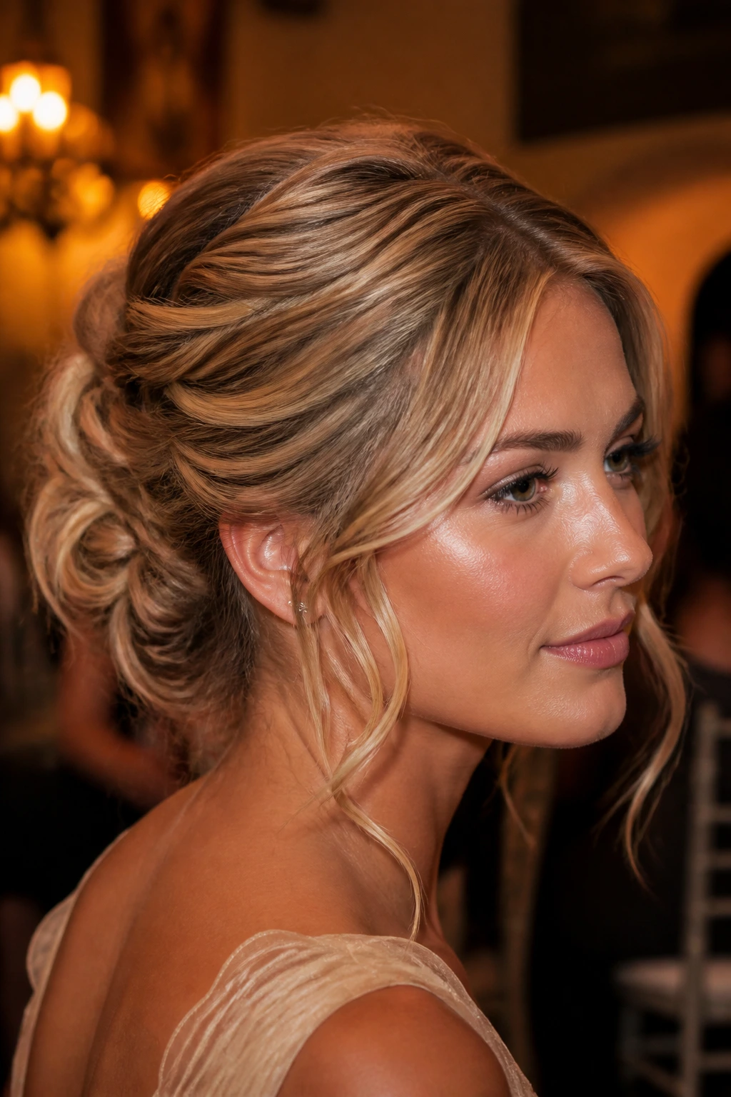 Close-up of a real woman with a toasted almond updo and soft face-framing pieces.