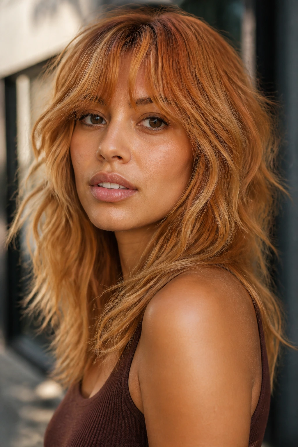 Close-up of a real woman with toasted apricot shag and warm tones.