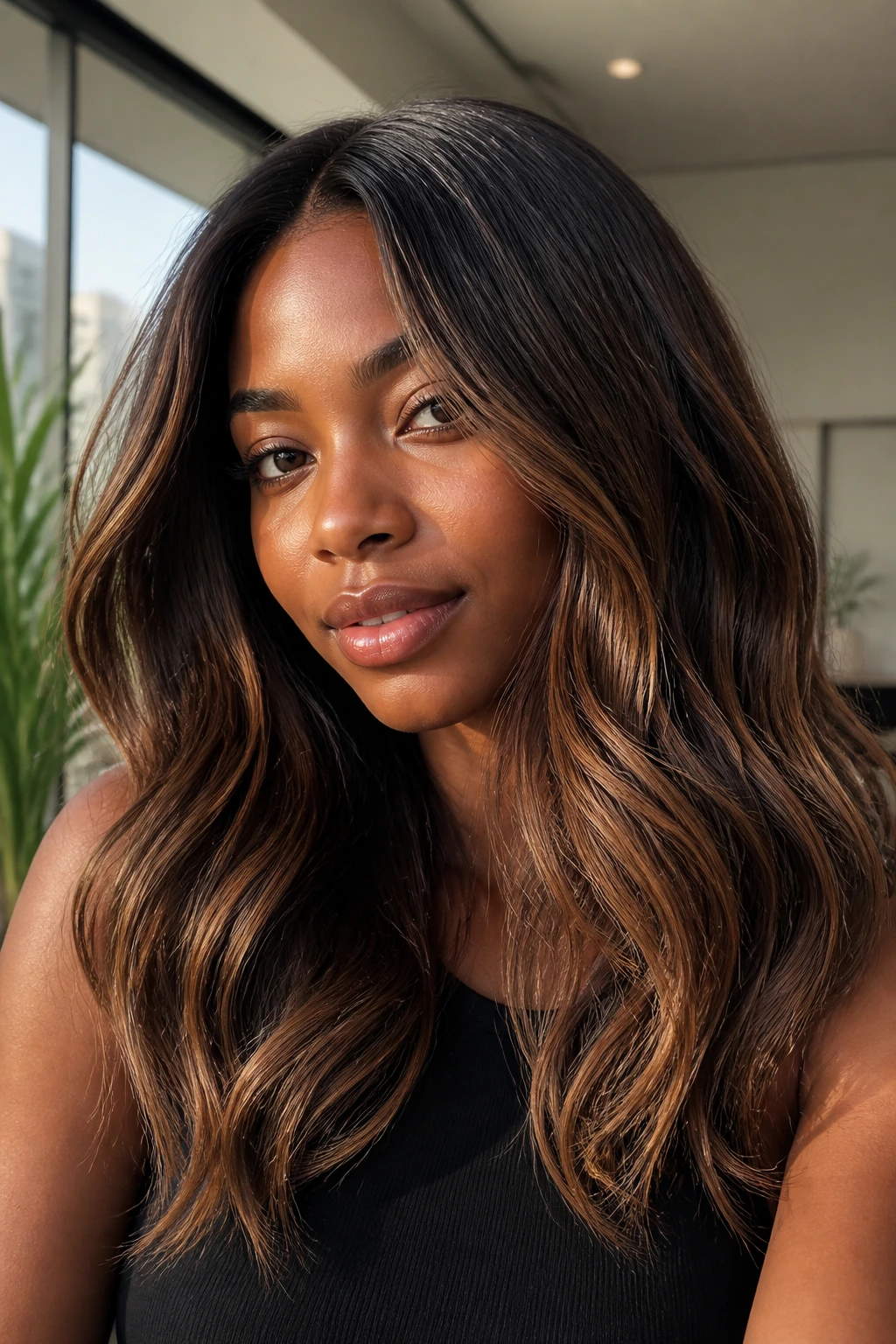 Portrait of brunette hair with seamless caramel balayage melt