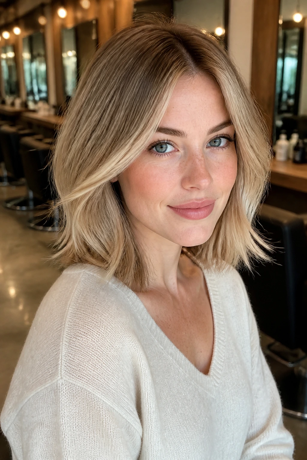 Toasted biscotti blonde close-up with beige-gold tones and deeper roots.