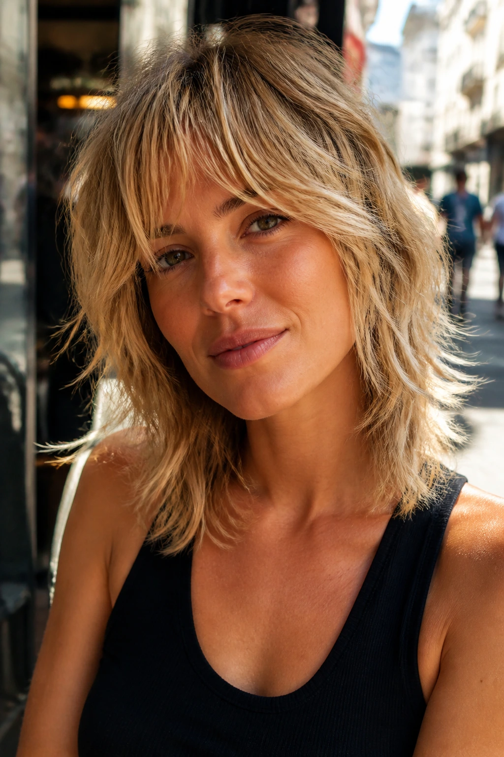 Close-up portrait of a real woman with toasted blonde shag in outdoor light