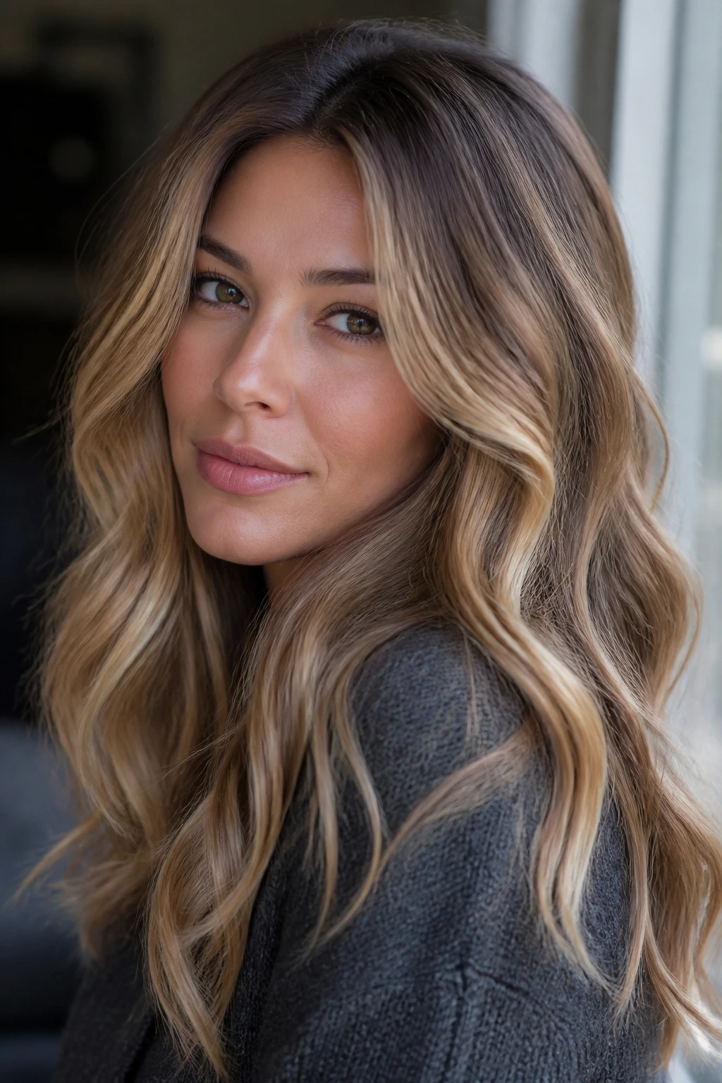 Portrait of a person with soft toasted blonde waves in winter light