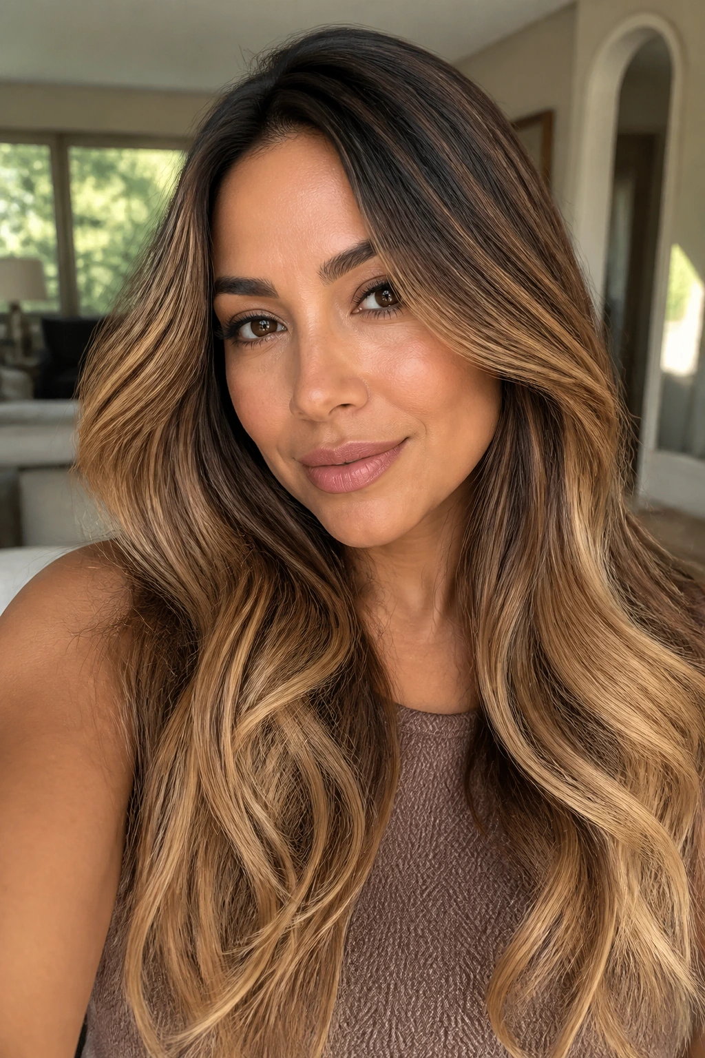 Close-up of a real woman with hair gradient from toasted brown to honey ends
