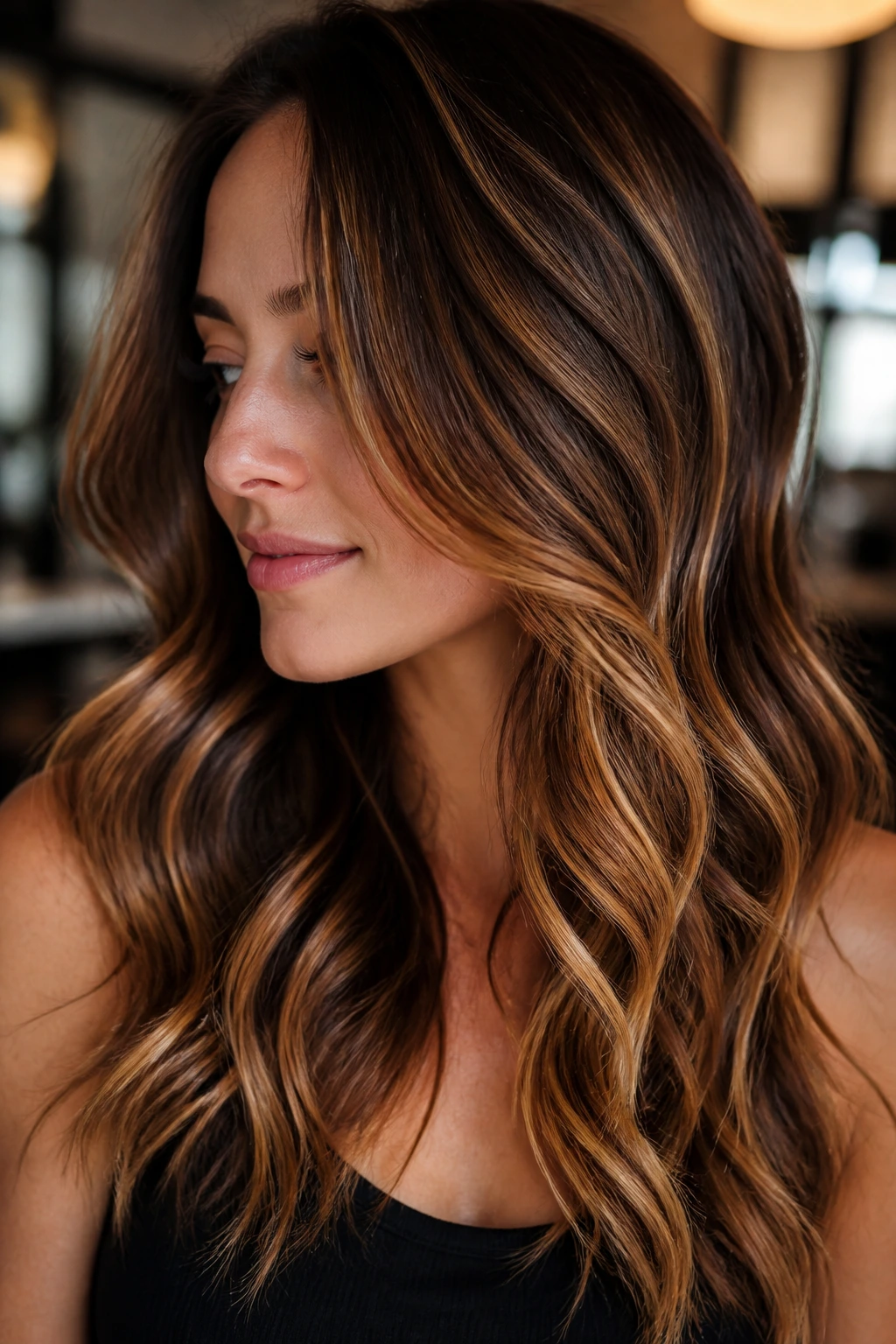 Brunette with toasted caramel ribbons through mid-lengths