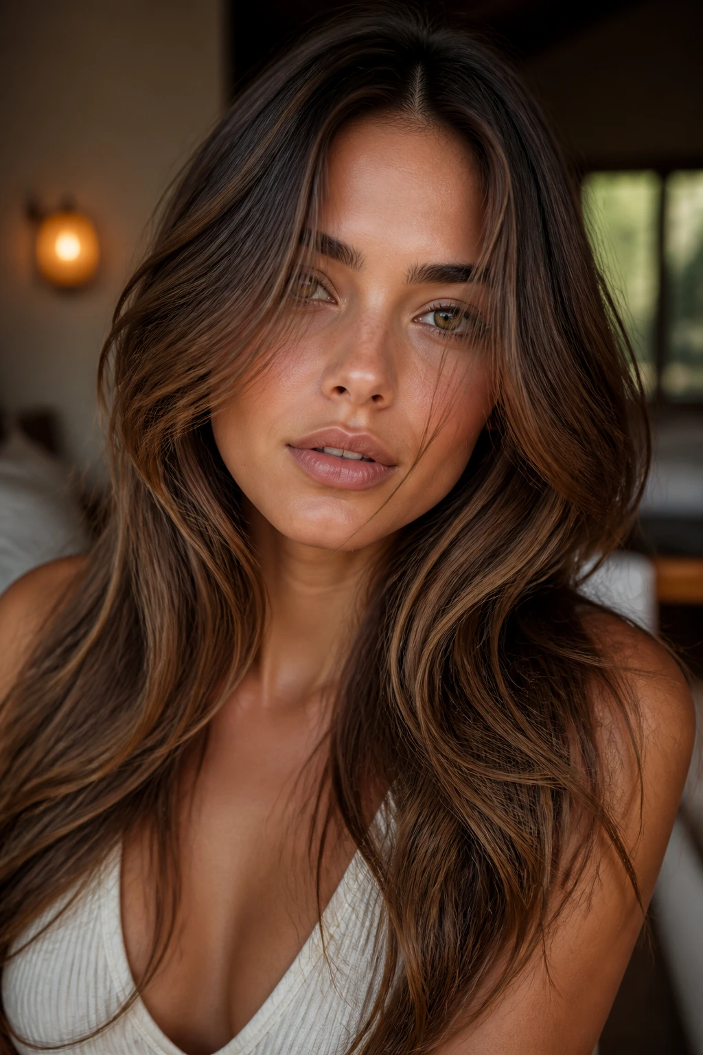 Close-up of toasted chestnut layered hair on olive-skinned woman