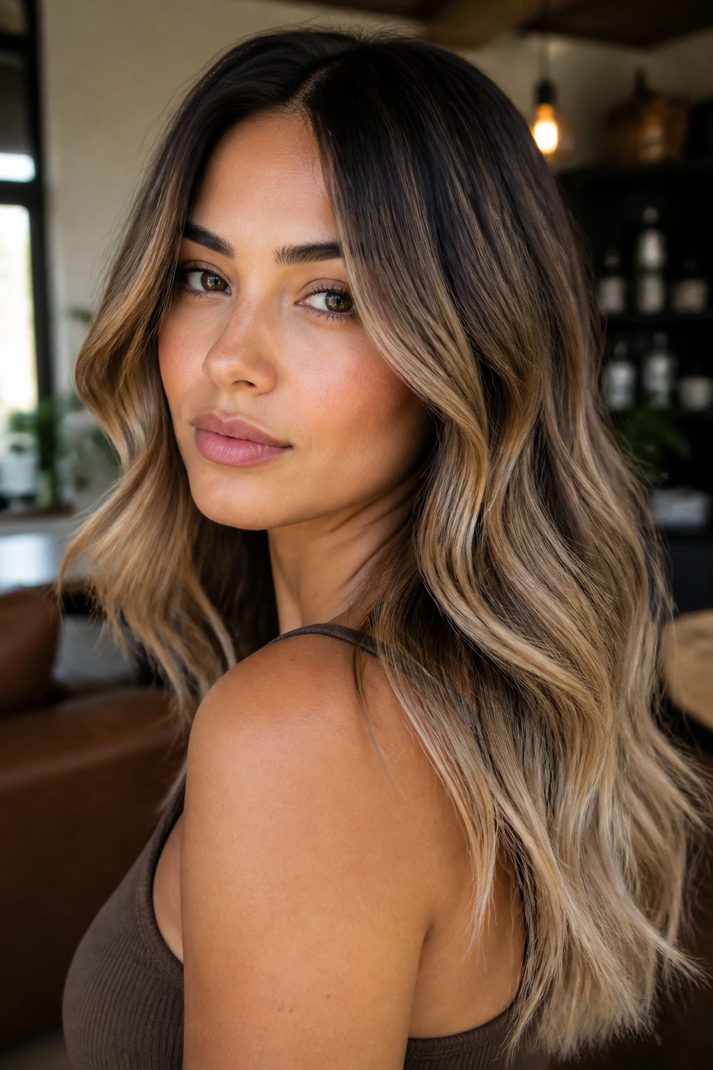 Real woman with toasted coconut balayage in warm natural light