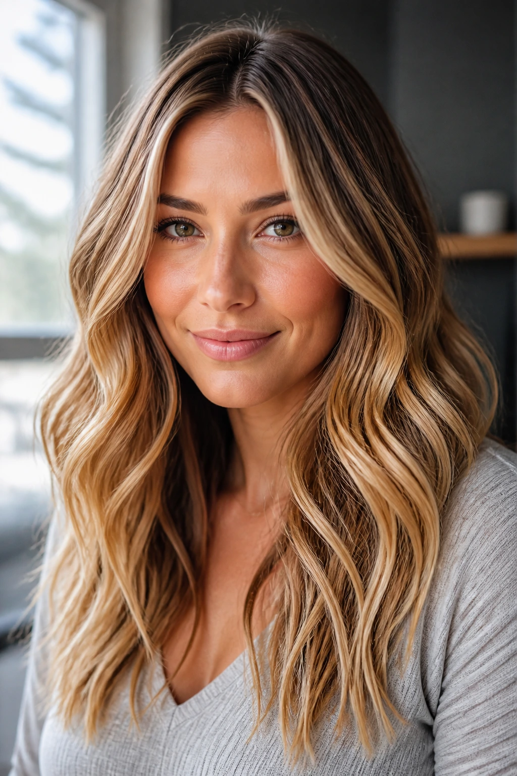 Close-up of toasted coconut blonde with beige-gold mids and warm ends.
