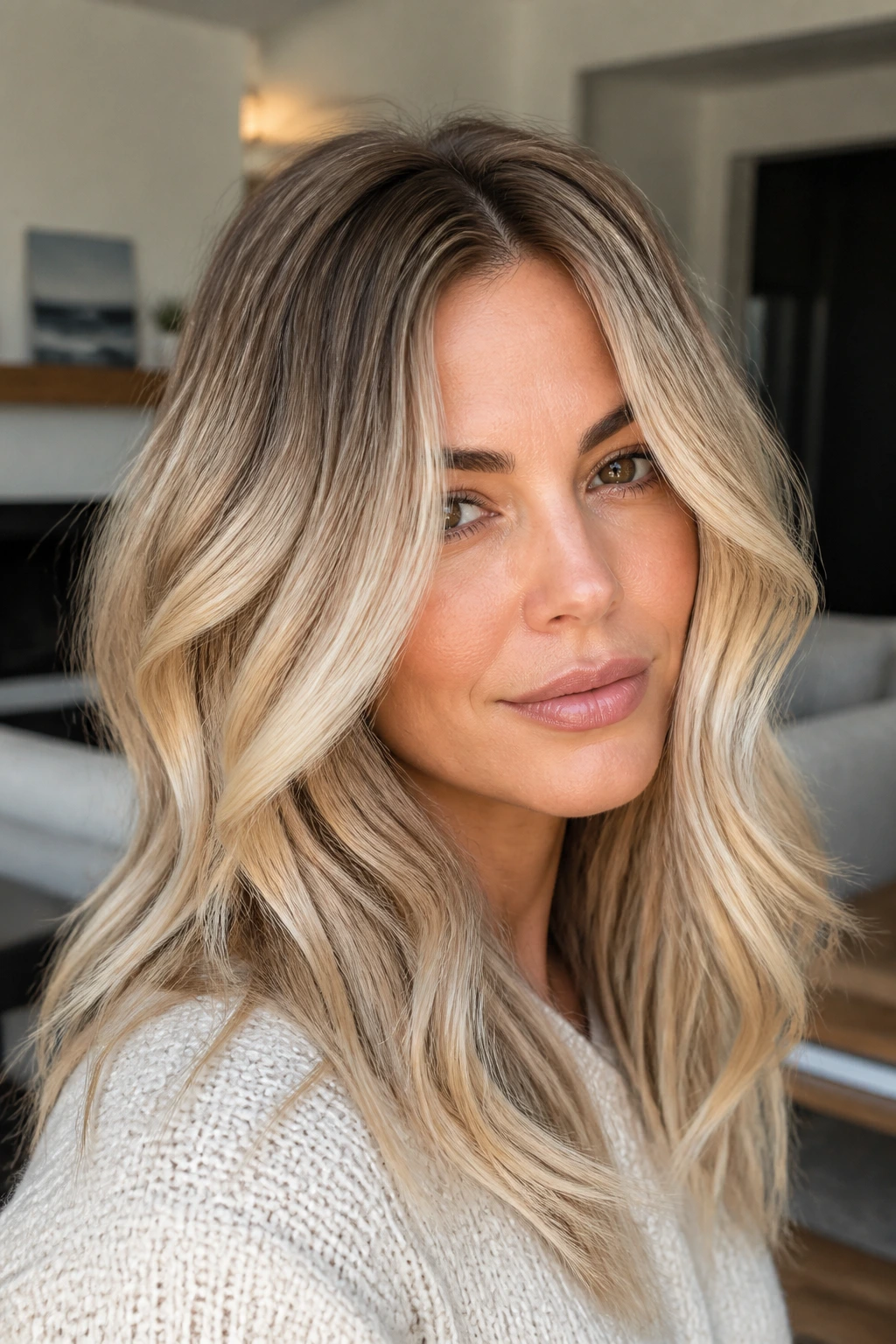 Close-up portrait of a real woman with toasted coconut blonde shades and movement